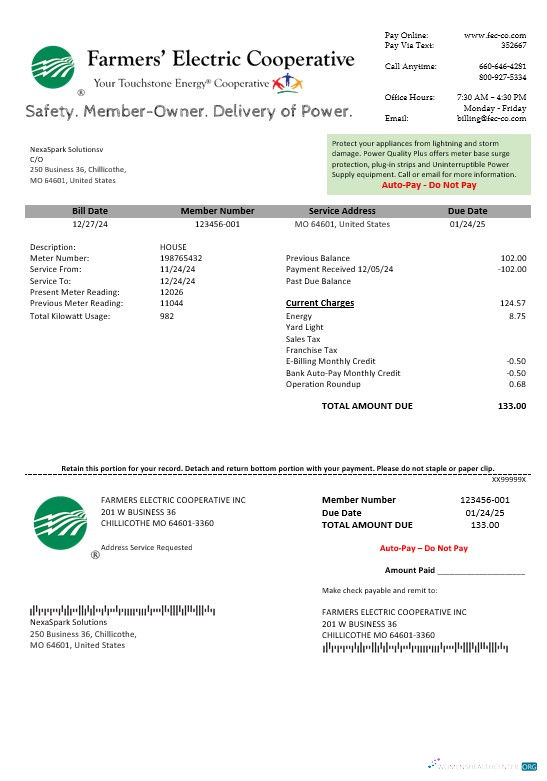 USA Ohio Farmer’s Electric Cooperative business utility bill template in Word an PDF formats